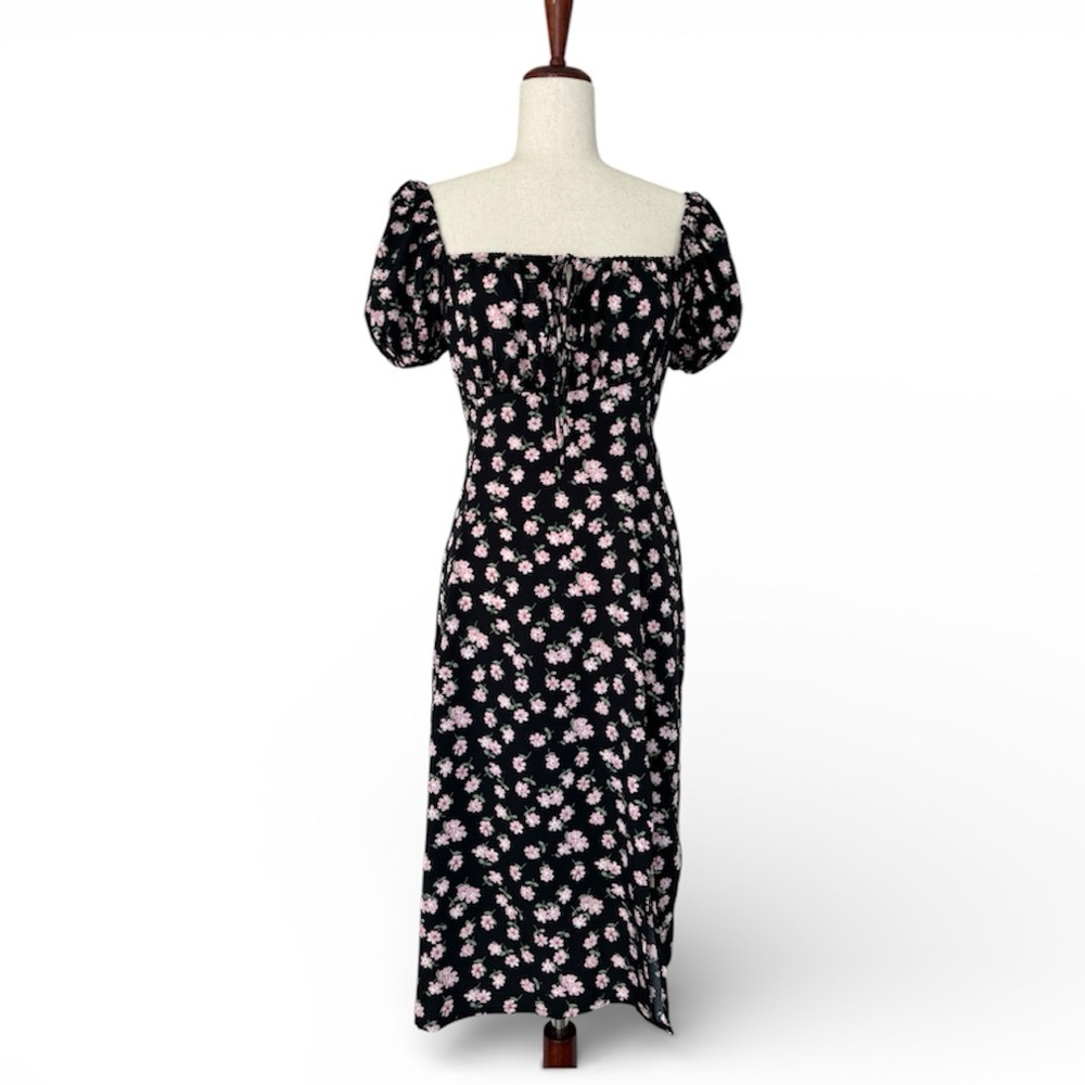 Dizzy Lizzy Milkmaid Babydoll Cottage Floral Midi Dress Black Pink Size Large